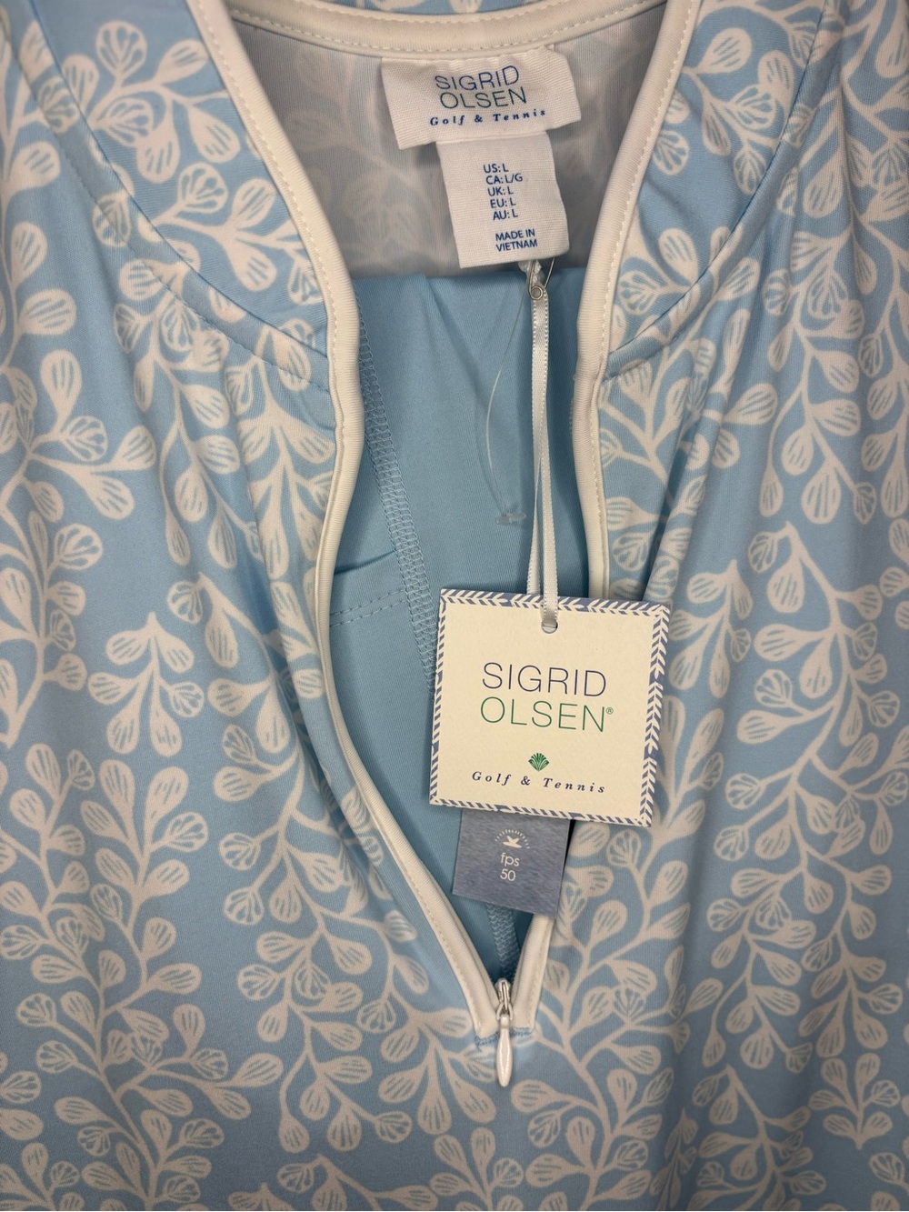 Sigrid Olsen Sky Blue and White Sleeveless V-Neck Printed Dress - Picture 3 of 6